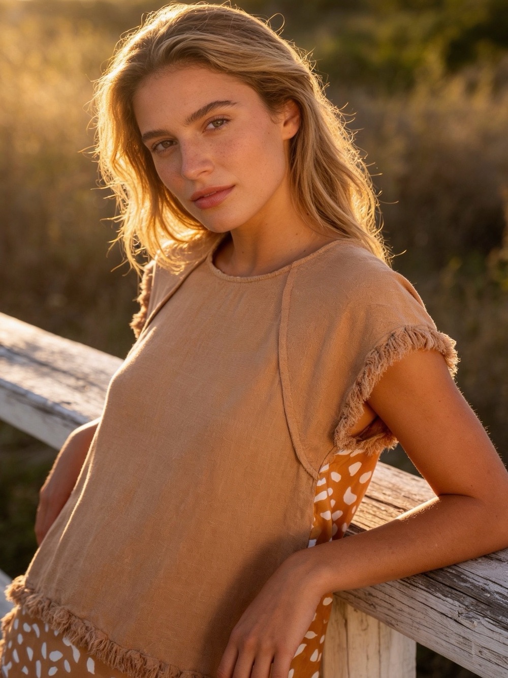 Umgee | Women's Tan Hi-Lo Fringe Short Sleeve Linen Top with Printed Hem | S